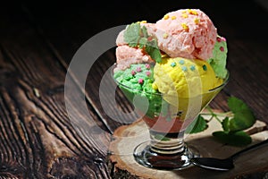 Ice cream scoops in an ice cream bowl