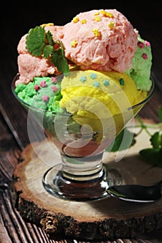 Ice cream scoops in an ice cream bowl