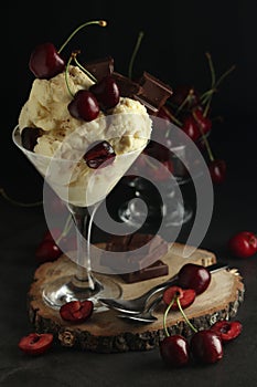 Ice cream scoops in an ice cream bowl with chocolate and cherry