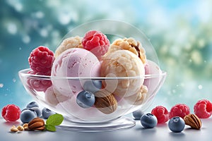 Ice cream scoops with raspberries, blueberries and almonds in transparent glass vase. Fresh raspberries, blueberries and almonds