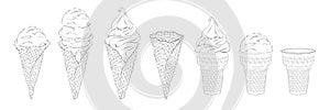 ice-cream scoops in waffle cones with assorted balls of vanilla, citrus, strawberry, mint, chocolate. Vector realistic