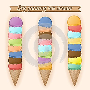 Ice cream scoops in a waffle cones. Different flavors of desserts.