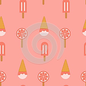 Ice cream seamless pattern. A ball of vanilla ice cream with syrup in a waffle cone and orange ice. Design for fabric, textile