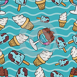 Ice Cream Seamless Pattern in Cartoon Style. Perfect For Background, Backdrop, Wallpaper and Cover Packaging