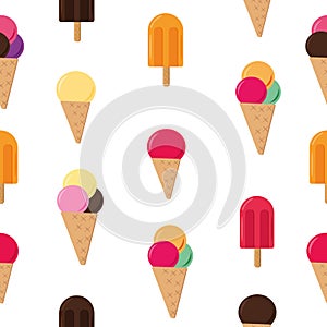 Ice cream seamless pattern in vector flat style, summer sweets background white