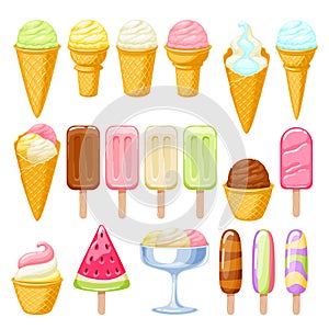 Ice cream set. Colorful ice-cream cones and popsicles.