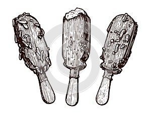 Ice cream set. Delicious chocolate dessert sketch. Popsicle with fruit topping