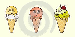 ice cream set, logo, sticker, retro style