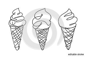 Ice Cream Set Made in Continuous Line Art Style. Doodle Element. Linear Waffle Cone with Editable Stroke. Vector Illustration