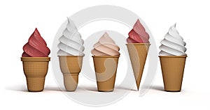 Ice cream. Set of summer sweetness. Milk, chocolate, vanilla, strawberry icecream. Cone cup Ice-cream. Sweet dessert