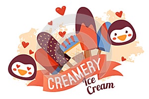Ice cream shop banner, creamery promotion vector illustration