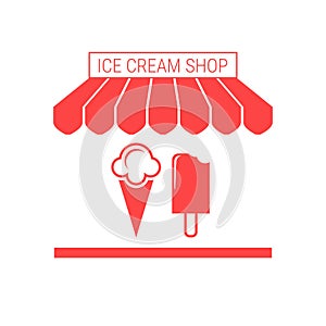 Ice Cream Shop, Frozen Yogurt Single Flat Vector Icon. Striped Awning and Signboard