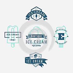 Ice cream shop labels, logotypes and design elements. Vintage different ice cream elements. Cold desserts and ice cream objects. V