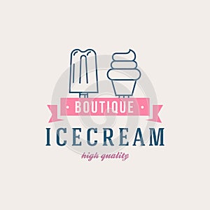 Ice cream shop labels, logotypes and design elements. Vintage different ice cream elements. Cold desserts and ice cream objects. V