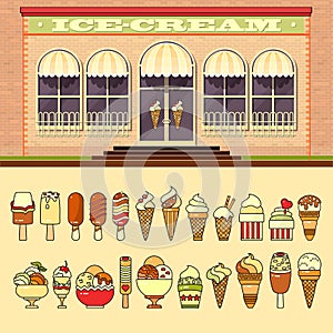Ice cream shop and set of cute various desserts icons.