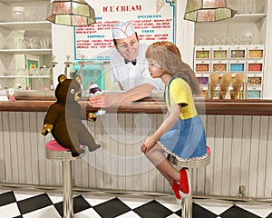 Ice Cream Shop, Teddy Bear, Young Girl