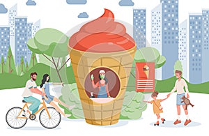 Ice cream shop vector flat illustration. Happy smiling people walking in city park and going to the ice cream stand.