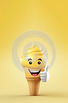 Ice Cream showing thumbs up. Concept of ice cream for kids.