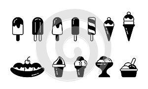 Ice cream. Silhouette icons set. Eskimo, popsicle, waffle cone, ice lolly, banana split, twister, bowl. Black simple illustration