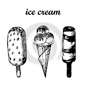 Ice cream sketch. Set of hand drawn illustrations with scoop of ice cream in a waffle cone, ice lolly, frozen juice