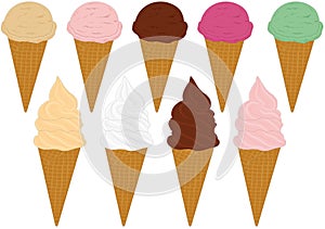 Ice cream and soft ice cream different tastes and colors collection vector illustration