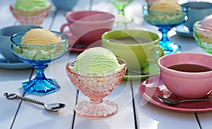 Ice Cream, Sorbet, and Tea on Table