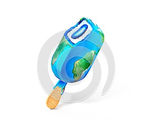 Ice cream on stick in the form of planet earth isolated on white background