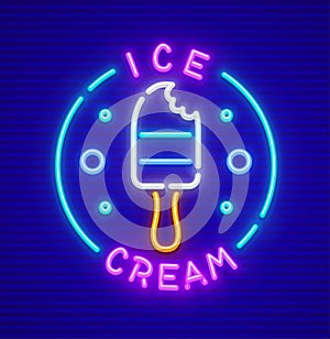 Ice-cream at stick neon icon vector illustration.