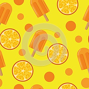 Ice cream on a stick and slices of orange seamless pattern in flat style. bright, summer juicy background yellow