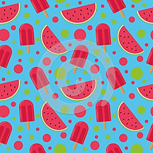 Ice cream on a stick and slices of watermelon seamless pattern. bright, summer juicy background blue