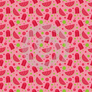 Ice cream on a stick and slices of watermelon seamless pattern. bright, summer juicy background pink