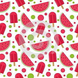 Ice cream on a stick and slices of watermelon seamless pattern bright, summer juicy background white