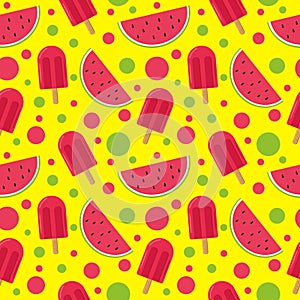 Ice cream on a stick and slices of watermelon seamless pattern. bright, summer juicy background yellow