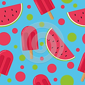 Ice cream on a stick and slices of watermelon seamless pattern in vector flat style. bright, summer juicy background blue