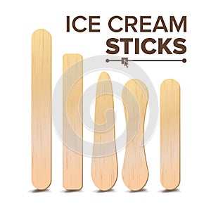 Ice Cream Sticks Set Vector. Different Types. Wooden Stick For Ice cream, Medical Tongue Depressor. Isolated On White