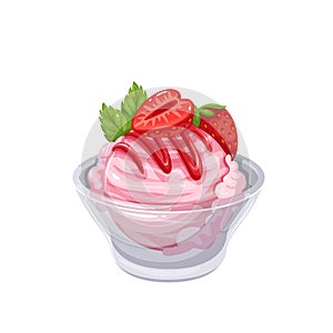 Ice cream with strawberries in glass bowl