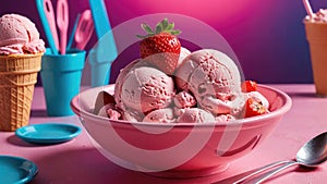 Ice cream with strawberries in a plate