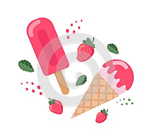 Ice cream strawberry cone dessert. Dairy product with fresh and ripe strawberry. Vector illustration