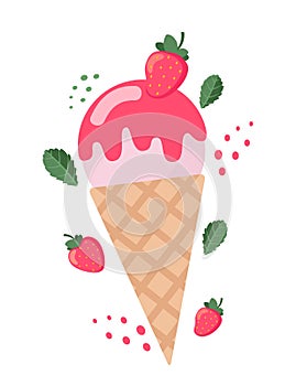 Ice cream strawberry cone dessert. Dairy product with fresh and ripe strawberry. Vector illustration