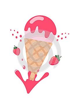 Ice cream strawberry cone dessert. Dairy product with fresh and ripe strawberry. Vector illustration