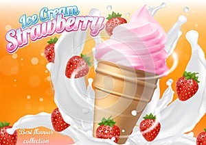 Ice cream strawberry cone dessert vector realistic illustration