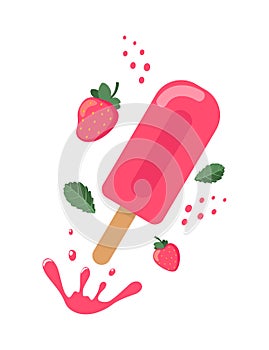 Ice cream strawberry dessert. Dairy product with fresh and ripe strawberry. Vector illustration