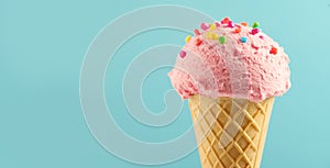 Ice cream. Strawberry or raspberry flavor icecream in waffle cone over blue background. Sweet dessert