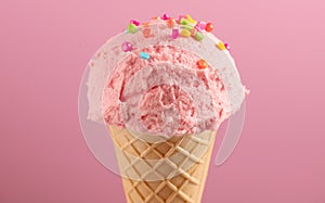 Ice cream. Strawberry or raspberry flavor icecream in waffle cone over pink background. Sweet dessert with colorful sprinkles