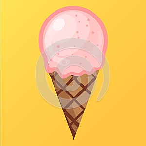 Ice cream strawberry scoop waffle cone isolated. on yellow background.Vector illustration.