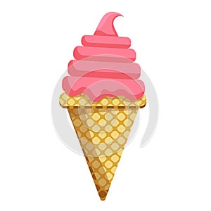 Ice cream strawberry scoops waffle cone.