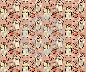 Ice cream with strawberry. seamless pattern Black white pink creame red hand made drawing for kids, adult, caffee