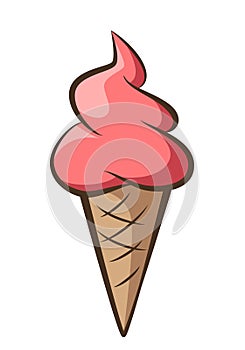 ice cream - strawberry soft serve ice cream in a cone, color vector illustration isolated on white