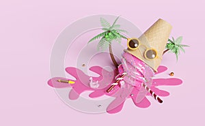 Ice cream strawberry with topping in waffle cones fallen,coconut tree,Inflatable flamingo,beach chair,sunglasses isolated on pink