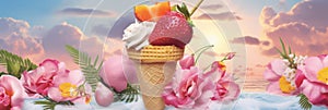 ice cream in summer flowers background. Lolly ice, cones with different topping, fruit icecream. Ai generative.